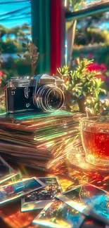 Vintage camera and tea on a table with photos.