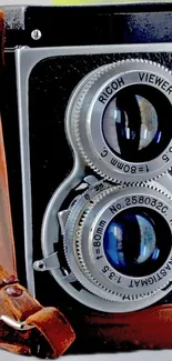 Close-up of a vintage camera with lenses and leather detail.