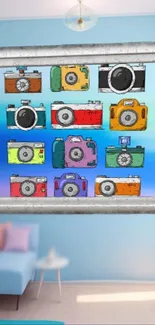 Colorful vintage camera collage on a sky blue background.