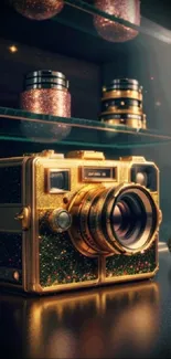 Vintage camera with glitter accents in a luxurious setting.