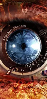 Vintage camera lens with metallic art details and a blue center on wallpaper.