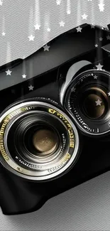 Vintage camera wallpaper with detailed lens on a grey background.