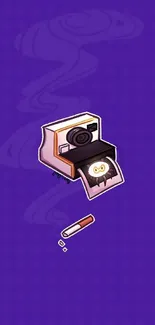 Vintage camera illustration on a purple background.