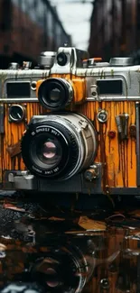 Vintage camera on railroad tracks with reflections and rustic feel.