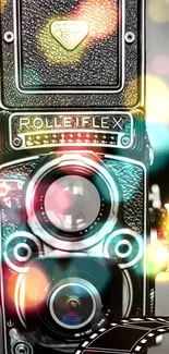 Vintage Rolleiflex camera with colorful bokeh lights.