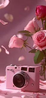 Vintage camera with pink roses and petals on pink background.