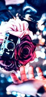 Elegant vintage camera with roses surrounded by bokeh lights.