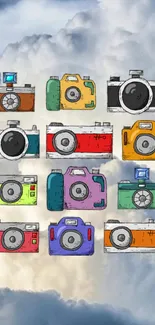 Vibrant vintage camera wallpaper with sky backdrop.