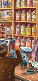 Vintage candy shop wallpaper with colorful jars and nostalgic scene.