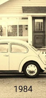 Vintage car in front of house with retro filter effect.