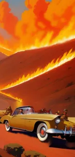 Vintage car rides through fiery landscape with blazing hills.