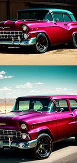 Vintage pink car wallpaper with retro aesthetic and vibrant hues.