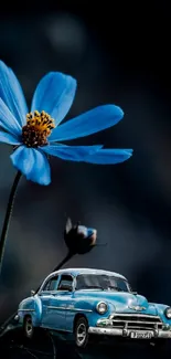 Blue flower next to a vintage car in artistic wallpaper.