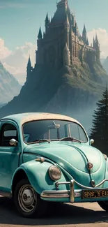 Vintage car with a scenic castle in the background, under a bright sky.