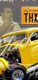 Yellow hot rod car with vintage celebrity background.