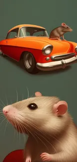 Illustration of a vintage orange car with a rat and a rat in the foreground.