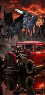 Vintage red car with eagle in urban landscape.