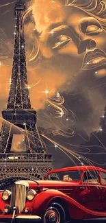 Vintage car and Eiffel Tower with artistic glow in golden hues.
