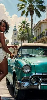 Elegant woman stands by vintage turquoise car on city street.