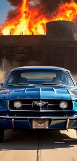 Classic blue car with fiery backdrop.