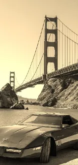 Vintage car by Golden Gate Bridge in sepia tone.