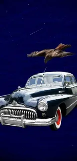 Vintage car with soaring hawk on a dark blue background.