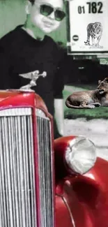 Vintage red car with lion on hood wallpaper.