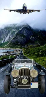 Vintage car on mountain road with airplane overhead.