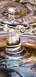 Vintage car with abstract water droplet art background.