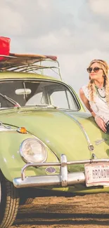 Vintage car with a stylish woman leaning against it, featuring a retro look.