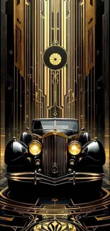 Art Deco vintage car with geometric background.