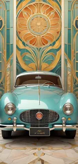 Vintage car with Art Deco background in turquoise tones.