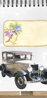 Mobile wallpaper featuring a vintage car illustration on a notebook with plants.