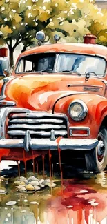 Vintage orange car in watercolor style, artistic mobile wallpaper.