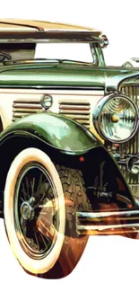 Artistic illustration of a vintage car in olive green hues.