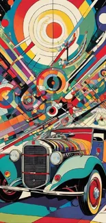 Colorful abstract art with vintage car design.