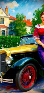 Vintage car and elegant woman in vibrant artwork scene.