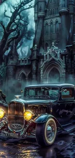 Vintage car parked before a Gothic castle at night.