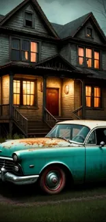 Vintage turquoise car in front of eerie house at night.