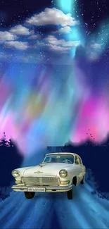 Classic car under vibrant aurora sky at night with stars and colorful lights.