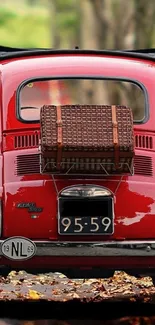 Classic red car on autumn road with vintage appeal.