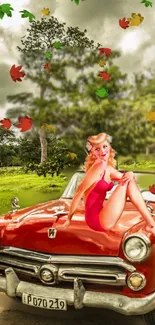 Vintage car with pin-up girl and autumn leaves in nature.