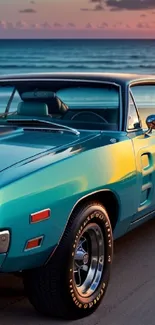 Turquoise vintage car at beach with sunset.