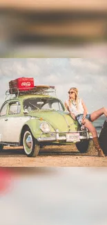 Vintage car on beach with woman in retro style setting.