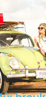 Vintage Volkswagen Beetle by the beach with luggage and retro style.