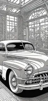 Black and white illustration of a vintage car inside an ornate room.