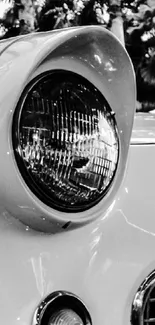 Black and white photo of a classic vintage car under a canopy.