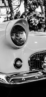 Classic vintage car in black and white, showcasing retro elegance.