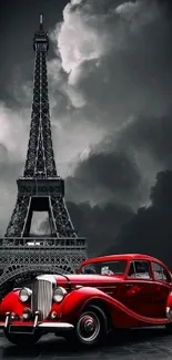 Vintage red car with Eiffel Tower backdrop in Paris.