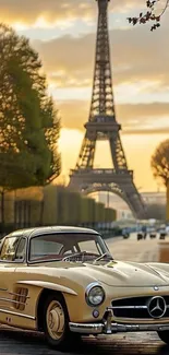 Vintage Mercedes with Eiffel Tower in Paris at sunset.